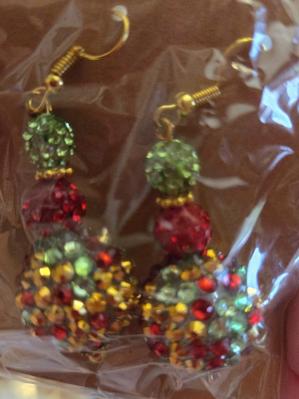 Gold-Tone Drop Earrings with Red and Green Crystal Spheres